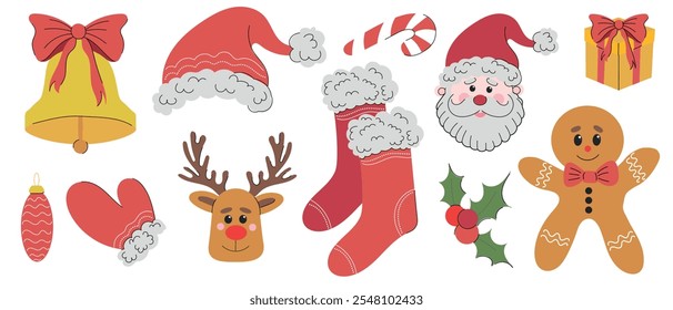 Vector set of christmas symbols. Bell with red ribbon bow, hat, striped candy cane, stockings, glove, santa claus head, gingerbread man cookie, gift boxes. Hand drawn vector illustration in flat style