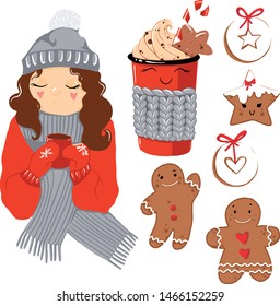 Vector set of christmas symbols and elements. Girl with cacao, cookies and cup of coffee. Hand drawn. 