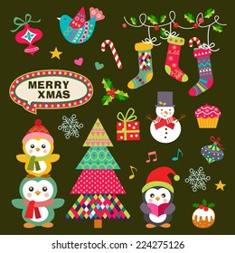 Vector set of Christmas symbols, icons, elements and decoration