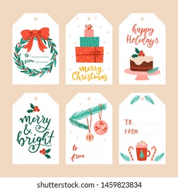 Vector set of Christmas tags, festive illustrations, hand lettering