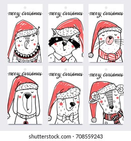  vector set of Christmas tags with funny hand drawn animals