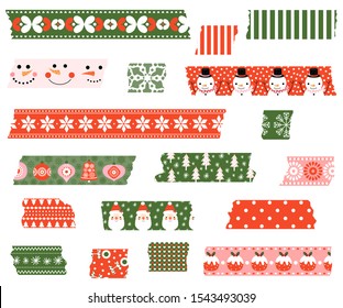 Vector set with Christmas torn stripes of adhesive paper tape in green and red colors for scrapbooking and holiday decor