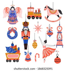 Vector Set of Christmas toy , collection with Angel, Christmas wreath, Nutcracker, Ballerina, train, Candy cane, pine cone, clock, ball, rocking horse. Vector elements for Xmas design.