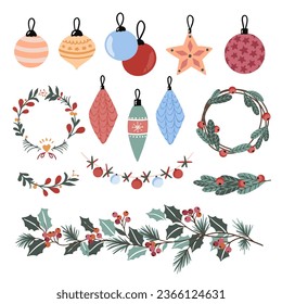 Vector set of Christmas toys. Fires, spruce trees, pine trees, New Year's candles, balls, garlands, wreaths, bells. Ideal for banners, cards,