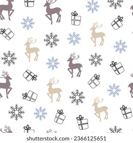 Vector set of Christmas toys. Vector winter pattern. Christmas background with fir trees, gifts, toys, fruits, sweets, balls, deer, pine cones and snowflakes.