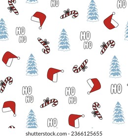 Vector set of Christmas toys. Vector winter pattern. Christmas background with fir trees, gifts, toys, fruits, sweets, balls, deer, pine cones and snowflakes.