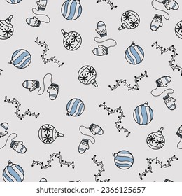 Vector set of Christmas toys. Vector winter pattern. Christmas background with fir trees, gifts, toys, fruits, sweets, balls, deer, pine cones and snowflakes.