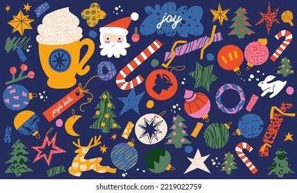 Vector set of Christmas traditional decoration in contemporary modern trendy style. Holiday background