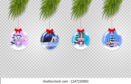 Vector set of Christmas tree branches with xmas and new year balls decorated with red bow on transparent background. Collection of Clip art, icons, signs, symbols, design elements for greeting card