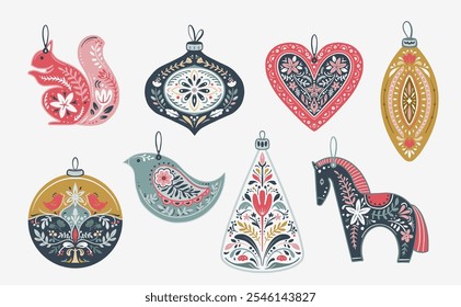 Vector set of Christmas tree decorations with folklore Scandinavian ornament