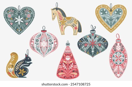 Vector set of Christmas tree decorations with folklore Scandinavian ornament