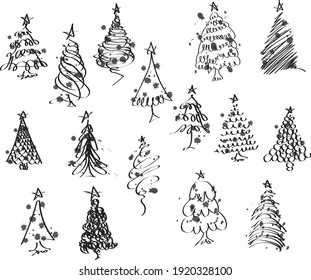 vector set with christmas tree drawn in ink