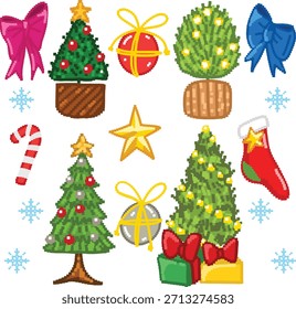 A vector set of Christmas tree, holiday decorations, snow, and new year celebration elements in pixel art