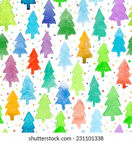 Vector set with Christmas tree. For Merry Christmas and Happy Hew Year. Isolated design on the white background. Christmas individual seamless watercolor pattern