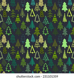 Vector set with Christmas tree. For Merry Christmas and Happy Hew Year. Isolated design on the black background. Christmas individual seamless pattern