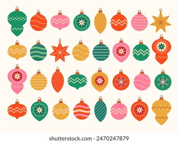 Vector set of Christmas tree ornaments isolated on white background. Colorful vivid Christmas balls in red, green, gold and pink colors.