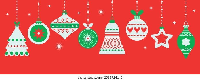 Vector set of Christmas tree ornaments isolated on red background. Vivid Christmas balls in red, green, white colors.