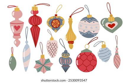 Vector set of Christmas tree ornaments isolated on white background. Colorful retro vintage vivid Christmas balls in red, green, gold , blue and pink colors.