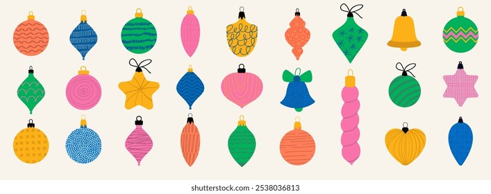 Vector set of Christmas tree ornaments isolated on white background. Colorful vivid Christmas balls in red, green, blue, gold and pink colors.