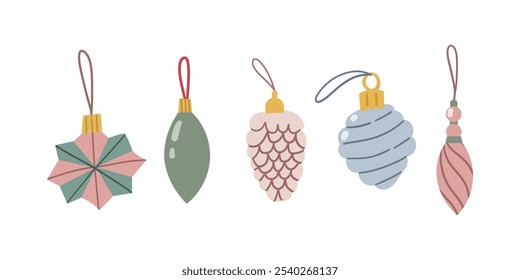 Conjunto de Vector de adornos de árbol de Navidad aislados sobre fondo blanco. Bolas de Navidad vívidas de la vendimia retro colorida en colores rojo, verde, oro, azul y rosa.