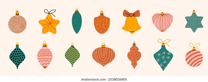 Vector set of Christmas tree retro ornaments isolated on white background. Colorful vivid Christmas balls in red, green, gold and pink colors.