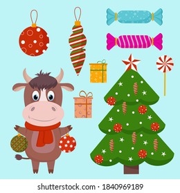Vector set of Christmas tree, symbol of Chinese new year 2021, candy and gifts. Flat vector cartoon illustration
