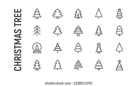 Vector set of christmas tree thin line icons. Design of 20 stroke pictograms. Signs of christmas tree isolated on a white background.