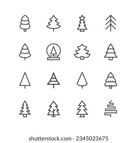 Vector set of christmas tree thin line icons. Design of stroke pictograms. Signs of calendar isolated on a white background
