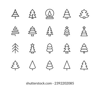 Vector set of christmas tree thin line icons. Design of stroke pictograms. Signs of calendar isolated on a white background