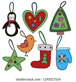 Vector set of Christmas tree toys sewn from fabric.