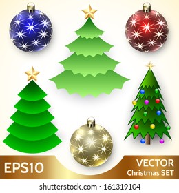 Vector Set of Christmas Trees and Balls with Stars