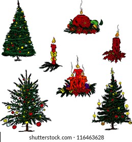 Vektorgrafik - eine Reihe von Weihnachtsbäumen und Kerzen