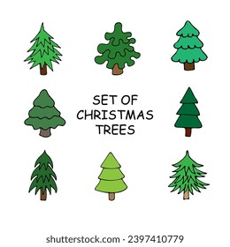 Vector set of Christmas trees in cartoon style. Colored doodles on a white background. Decorative elements for decorating cards, invitations and congratulations.