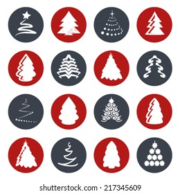 Vector set of Christmas trees in circle on the white background, red and grey, silhouettes 