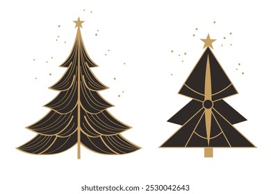 Vector Set with Christmas trees and confetti in Art Deco style. Hand drawn flat elegant festive New Year decor. Modern winter glamorous Xmas trees for design, flyer, card, poster, congratulation, icon