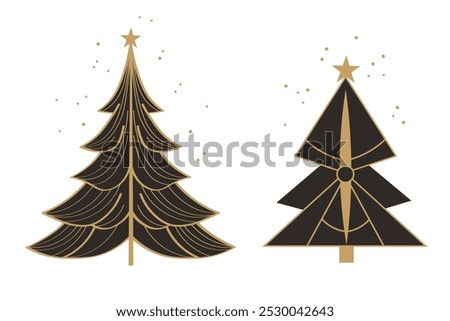 Vector Set with Christmas trees and confetti in Art Deco style. Hand drawn flat elegant festive New Year decor. Modern winter glamorous Xmas trees for design, flyer, card, poster, congratulation, icon