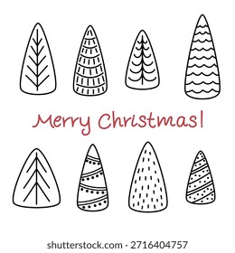 Vector conjunto de árboles de Navidad en estilo doodle. Ilustraciones dibujadas a mano del contorno del Vector aisladas en el fondo blanco. Inscripción Navidades alegres