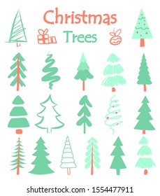 vector set of christmas trees or firs in different styles isolated on white background. Elements for new year and christmas greeting cards and designs.