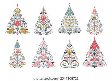 Conjunto vetorial de árvores de Natal com ornamentos escandinavos folclóricos.