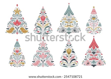 Vector set of Christmas trees with folk Scandinavian ornaments.
