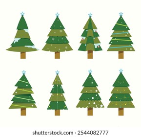 Vector conjunto de árboles de Navidad para tarjeta de felicitación, Anuncio, Web. Elementos simbólicos de los Años Nuevos.