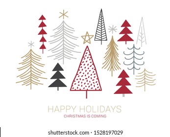 Vector set of christmas trees. Hand drawing winter background with fir tree, Christmas ornaments, stars and snowflakes. Holiday poster with Christmas symbols. Isolated on white