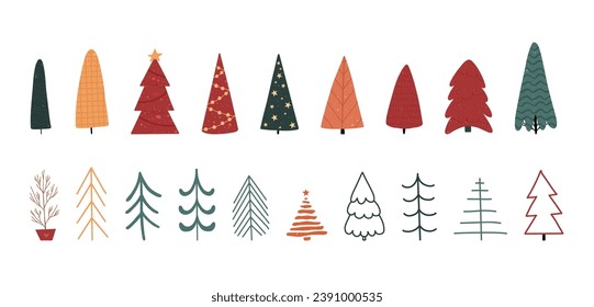 Vector set of Christmas trees. Merry Christmas. Happy New Year. Holiday poster with Christmas symbols. Isolated on white.