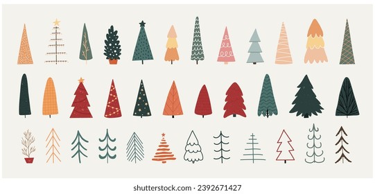 Vector set of Christmas trees. Merry Christmas. Happy New Year. Holiday poster with Christmas symbols. Isolated on white.