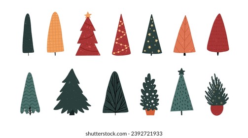 Vector set of Christmas trees. Merry Christmas. Happy New Year. Holiday poster with Christmas symbols. Isolated on white.