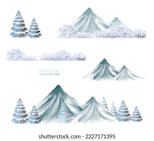 Vector set of christmas trees with mountain in snow forest,watercolor painting in winter seasons,tree side view for design