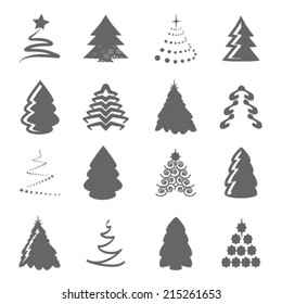 Vector set of Christmas trees on the white background, gray silhouette 