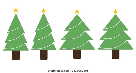 Vector set of Christmas trees, pines for greeting card, invitation, banner, web. New Years and Xmas traditional symbol tree with garlands, light bulb, star. Winter holiday. Christmas green tree. 