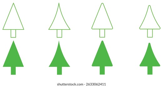 Vector set of Christmas trees, pines for greeting card, invitation, banner, web. New Years and Xmas traditional symbol tree with garlands, light bulb, star. Winter holiday. Christmas green tree. 