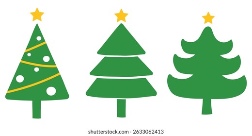 Vector set of Christmas trees, pines for greeting card, invitation, banner, web. New Years and Xmas traditional symbol tree with garlands, light bulb, star. Winter holiday. Christmas green tree. 